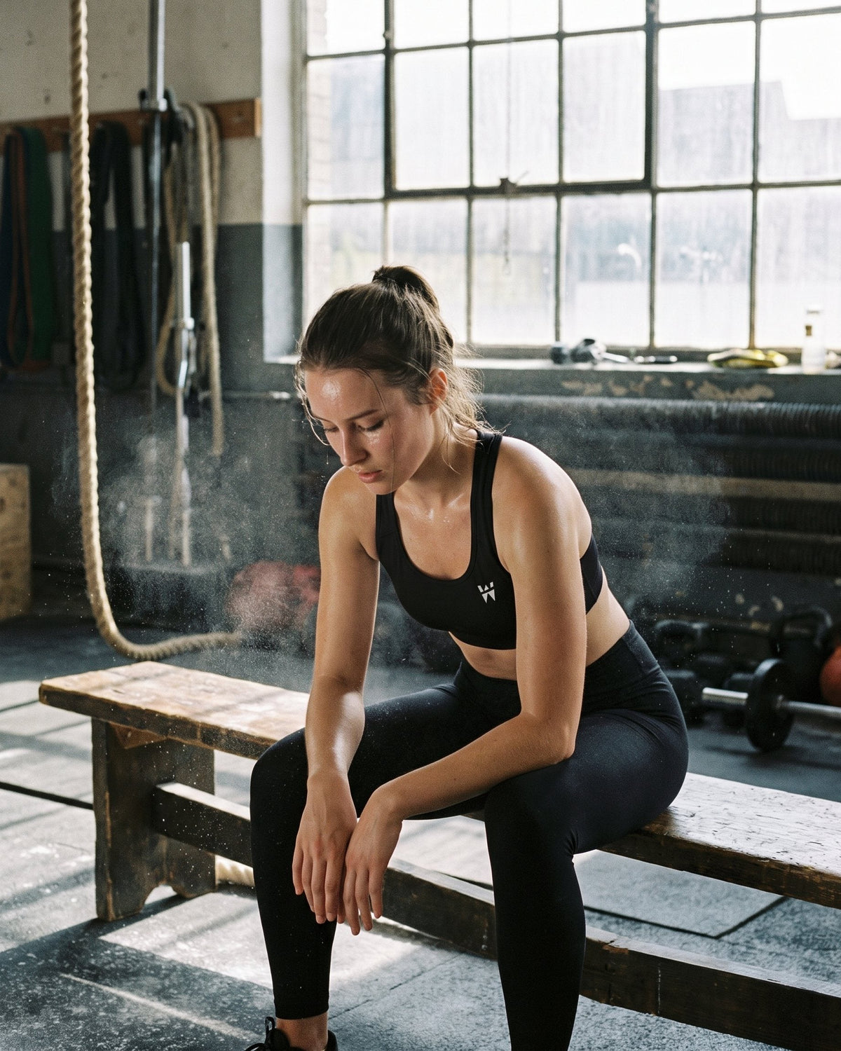 A woman on a gym bench in the WAYSHNER Sculpt Bra and Sculpt Legging