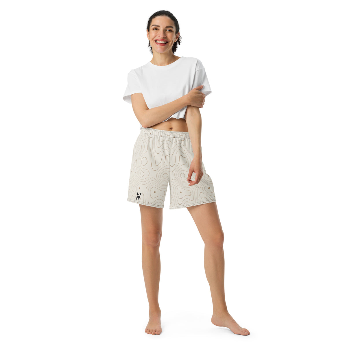 Sculpt Long Short in Cream, front with a white top