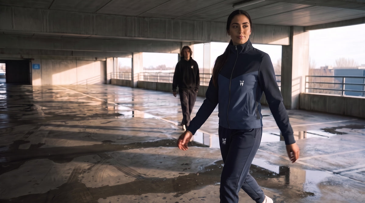 A woman in the two tone Navy and Midnight Drift Set walks through a car park, with a man in a black hoodie behind her